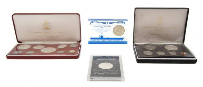 A Group of United States and Foreign Coins,: A Group of United States and Foreign Coins, comprising (3) 1971 Eisenhower uncirculated silver dollars, a 1971-S Eisenhower proof silver dollar, a 1974 Bahamas proof set, a 1973 British Virgin Island 
