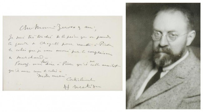 MATISSE, HENRI. ALS, 1 p., signed. Matted and fra: MATISSE, HENRI Autographed letter signed ("H Matisse"), 1 page, to Monsieur Bernard. Matted and framed with a photograph portrait. Matisse tells Bernard that he is very touched by the trouble that it 