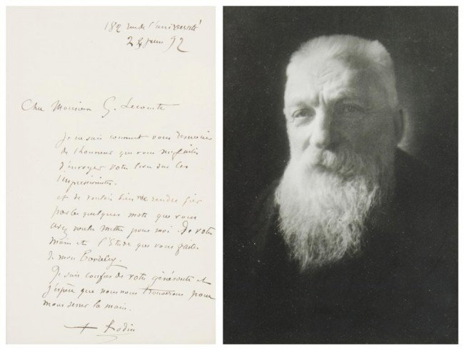 RODIN, AUGUSTE. ALS, 1 p., to M. G. Lecomte, Pari: RODIN, AUGUSTE Autographed letter signed ("A Rodin"), 1 page, to G[eorges] Lecomte, Paris, 1892. Matted and framed with photograph portrait. Rodin expresses modest surprise and gratitude for the honor