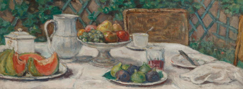 Albert Andre (French, 1869-1954) La table de dejeuner devant la treille, c. 1930-1940: Albert Andre (French, 1869-1954) La table de dejeuner devant la treille, c. 1930-1940 oil on canvas signed Albert Andre (lower right) 14 1/4 x 37 3/4 inches. Property from the Miriam B. Swanson Trust,