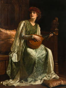 John Collier (British, 1850-1934) The Lute Player, 1884: John Collier (British, 1850-1934) The Lute Player, 1884 oil on canvas signed John Collier and dated (lower left); titled (stretcher) 60 x 45 inches. Literature: (Possibly) W. H. Pollock, The Art of