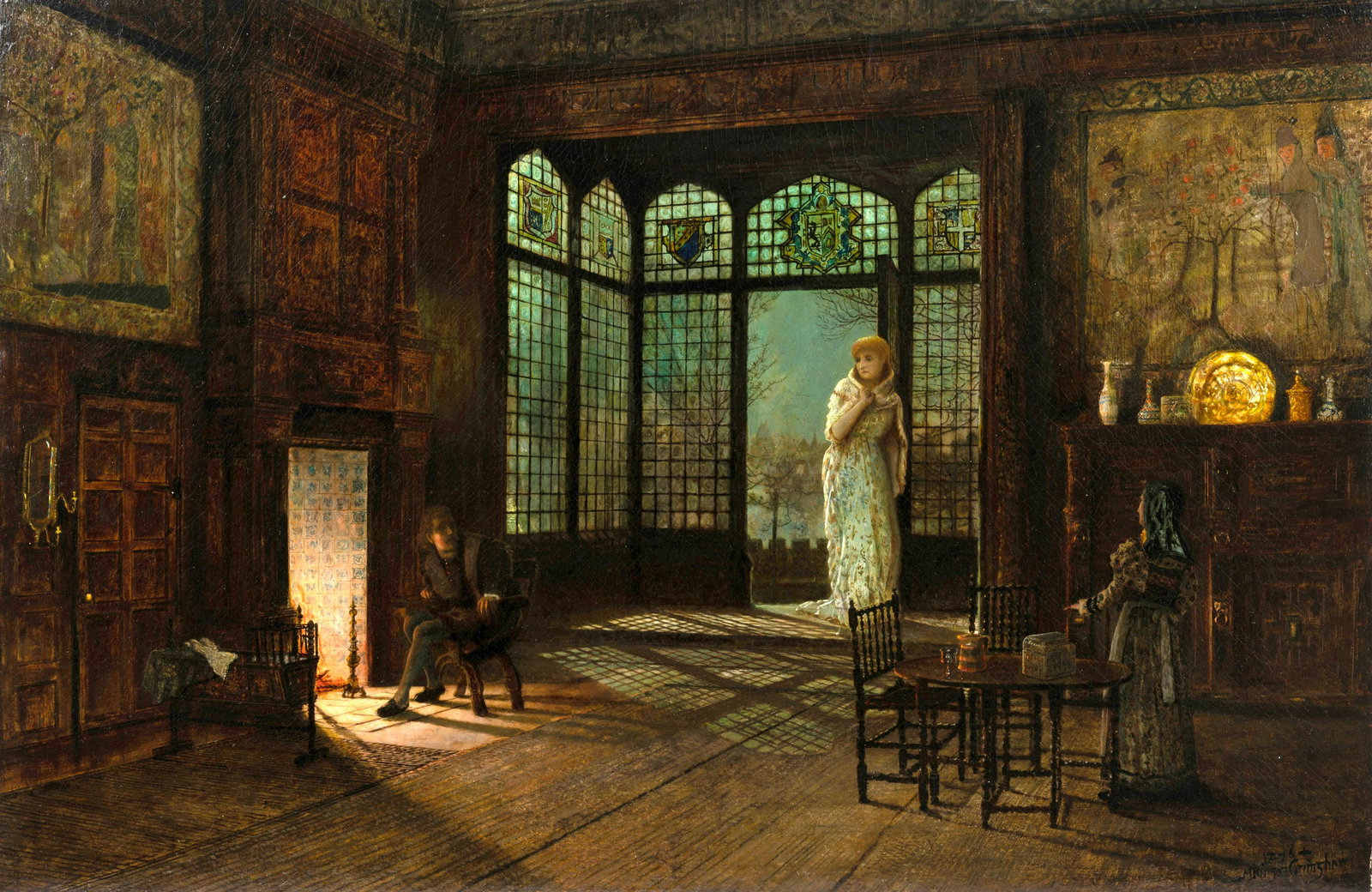 John Atkinson Grimshaw (British, 1836-1893) A Scene of Act II of 'Jane Shore', 1876: John Atkinson Grimshaw (British, 1836-1893) A Scene of Act II of 'Jane Shore', 1876 oil on canvas signed Atkinson Grimshaw and dated (lower right) 24 x 36 inches. Provenance: Wilson Barrett Collection