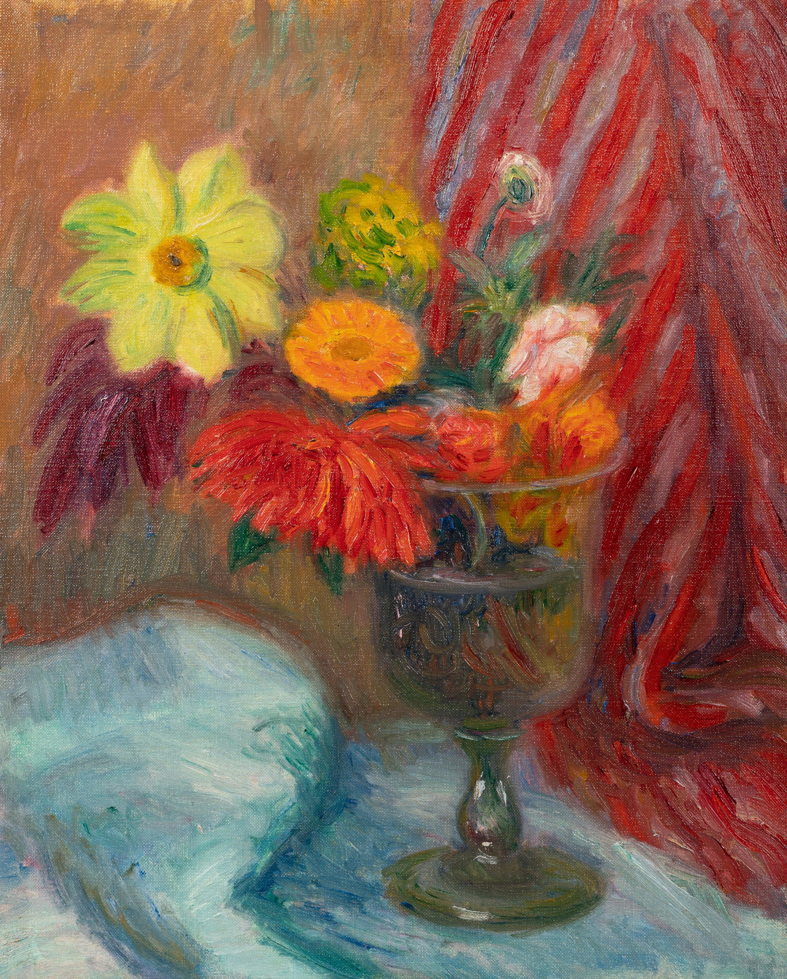 William Glackens Flowers in a Goblet: William Glackens Flowers in a Goblet oil on canvasboard bears artist's estate stamp and titled (verso) 16 x 13 inches. Provenance: Ira Glackens, the Artist's son Kraushaar Galleries, New York (label v