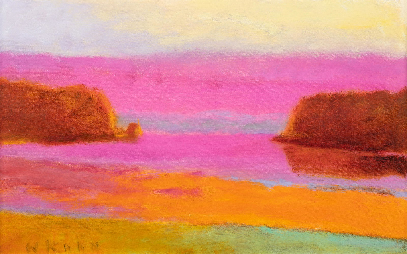 Wolf Kahn (American/German, 1927-2020) Pacific Evening, 1992: Wolf Kahn (American/German, 1927-2020) Pacific Evening, 1992 oil on canvas signed W Kahn (lower left); titled and inscribed with artist's inventory number 52-1992 (verso) 14 x 22 inches. Provenance: M