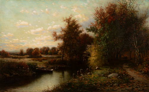 George W. Waters (American, 1832-1912) By the Mill Stream, 1885: George W. Waters (American, 1832-1912) By the Mill Stream, 1885 oil on canvas laid to board signed G.W. Waters and dated (lower right) 20 x 32 inches. Property from the Estate of Paula Trienens,