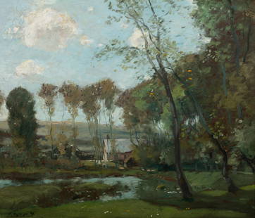 Henry Ward Ranger (American, 1858-1916) Landscape with Pond and House, 1891: Henry Ward Ranger (American, 1858-1916) Landscape with Pond and House, 1891 oil on panel signed HW Ranger and dated (lower left) 12 x 14 inches.