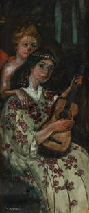 Arthur B. Davies (American, 1862-1928) Two Figures with Guitar: Arthur B. Davies (American, 1862-1928) Two Figures with Guitar gouache on paper laid to board signed A.B. Davies (lower left) 10 x 4 inches.