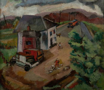 John Opper (American, 1908-1994) Untitled (Country House with Trucks and Figures)