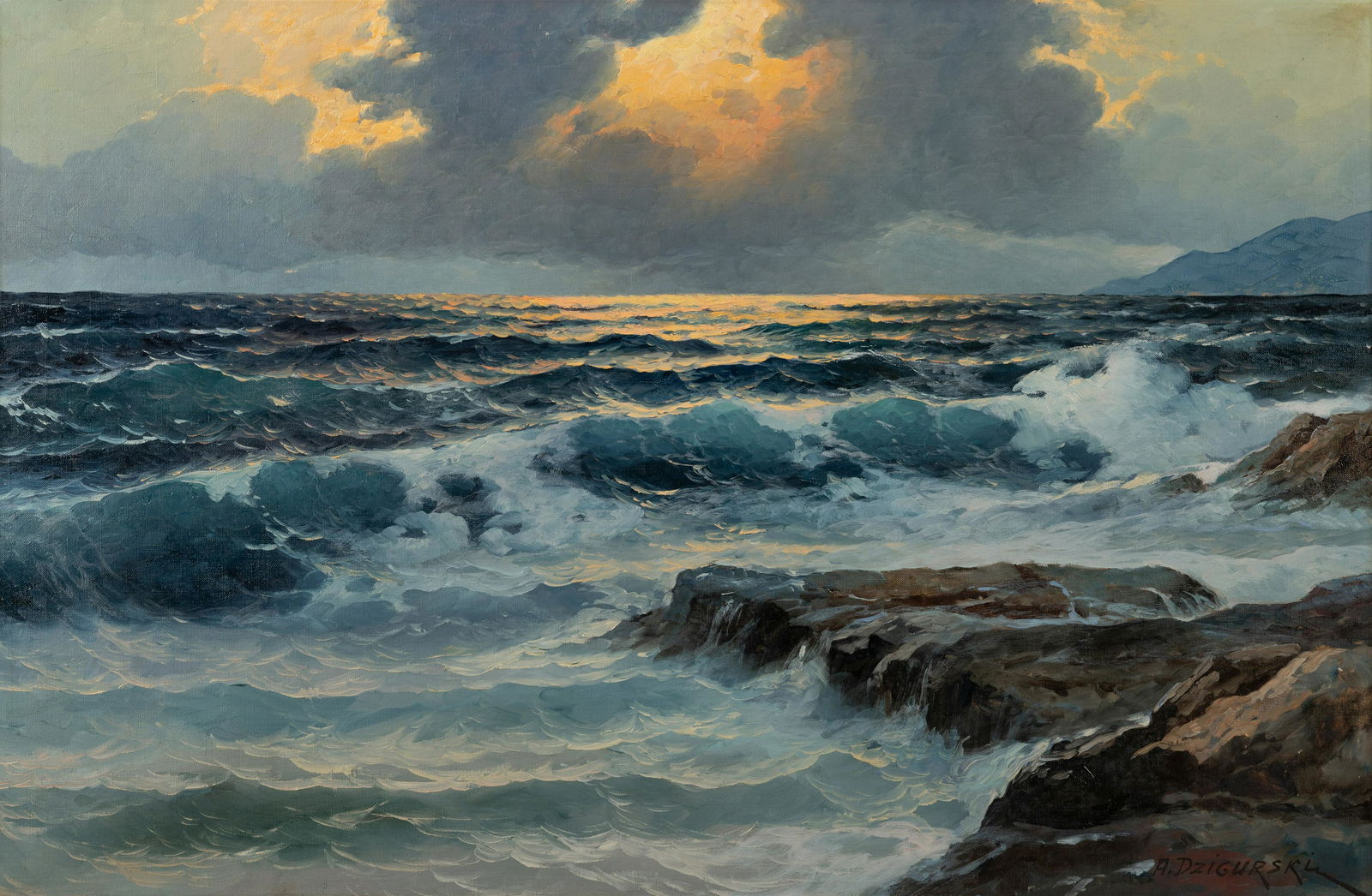 Alexander Dzigurski (American/Yugoslavian, 1911 - 1995) Rocky Waters: Alexander Dzigurski (American/Yugoslavian, 1911 - 1995) Rocky Waters oil on canvas signed A. Dzigurski (lower right) 24 x 36 inches. Provenance: Findlay Galleries, Chicago (label verso)