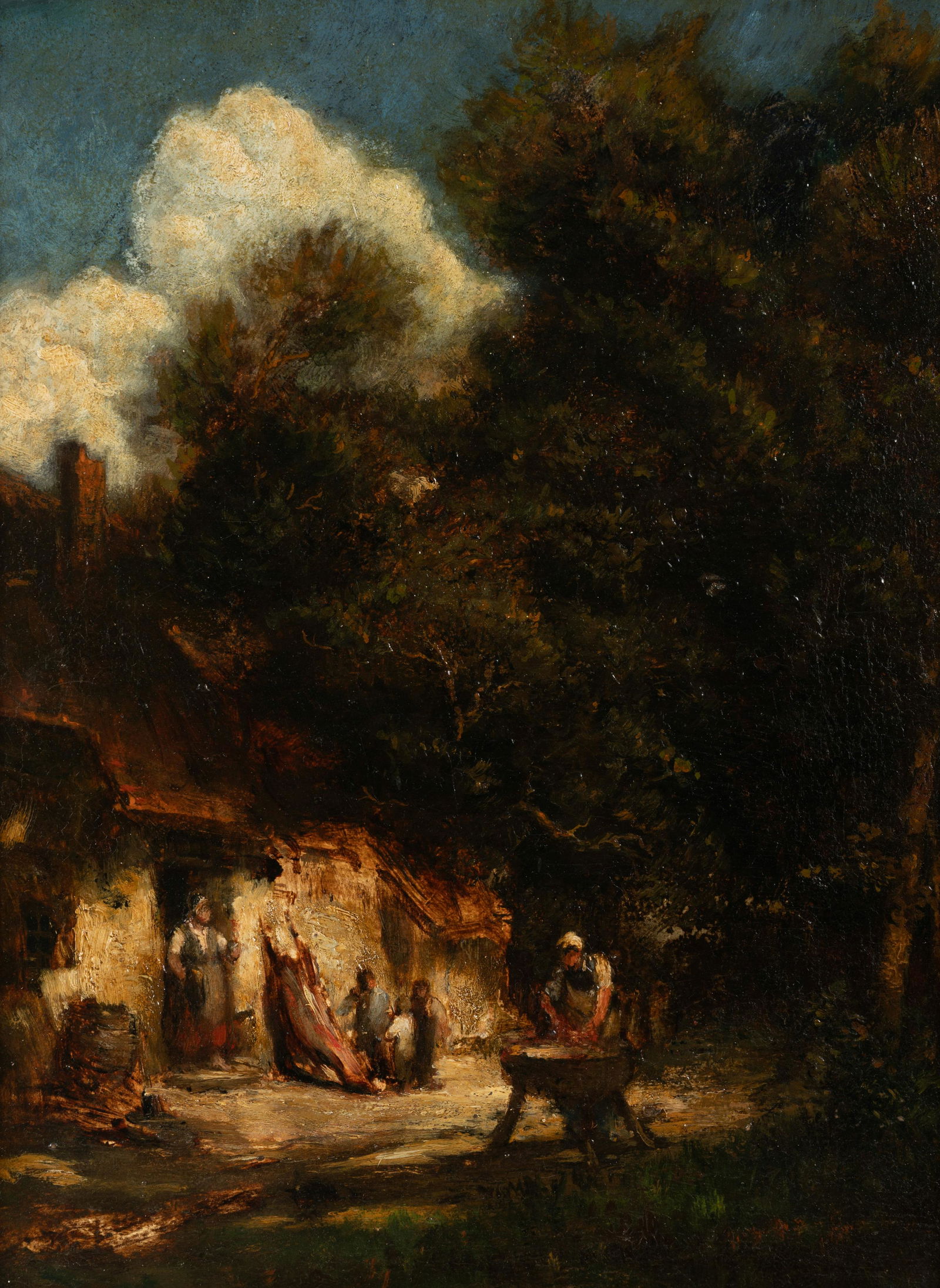 Jules Dupre (French, 1811-1889) Villageois devant leur ferme, c. 1835: Jules Dupre (French, 1811-1889) Villageois devant leur ferme, c. 1835 oil on panel signed Jules Dupre (lower right) 13 1/2 x 10 1/2 inches. Provenance: Klein Sold: Sotheby Parke Bernet, 1975 Galt Gall