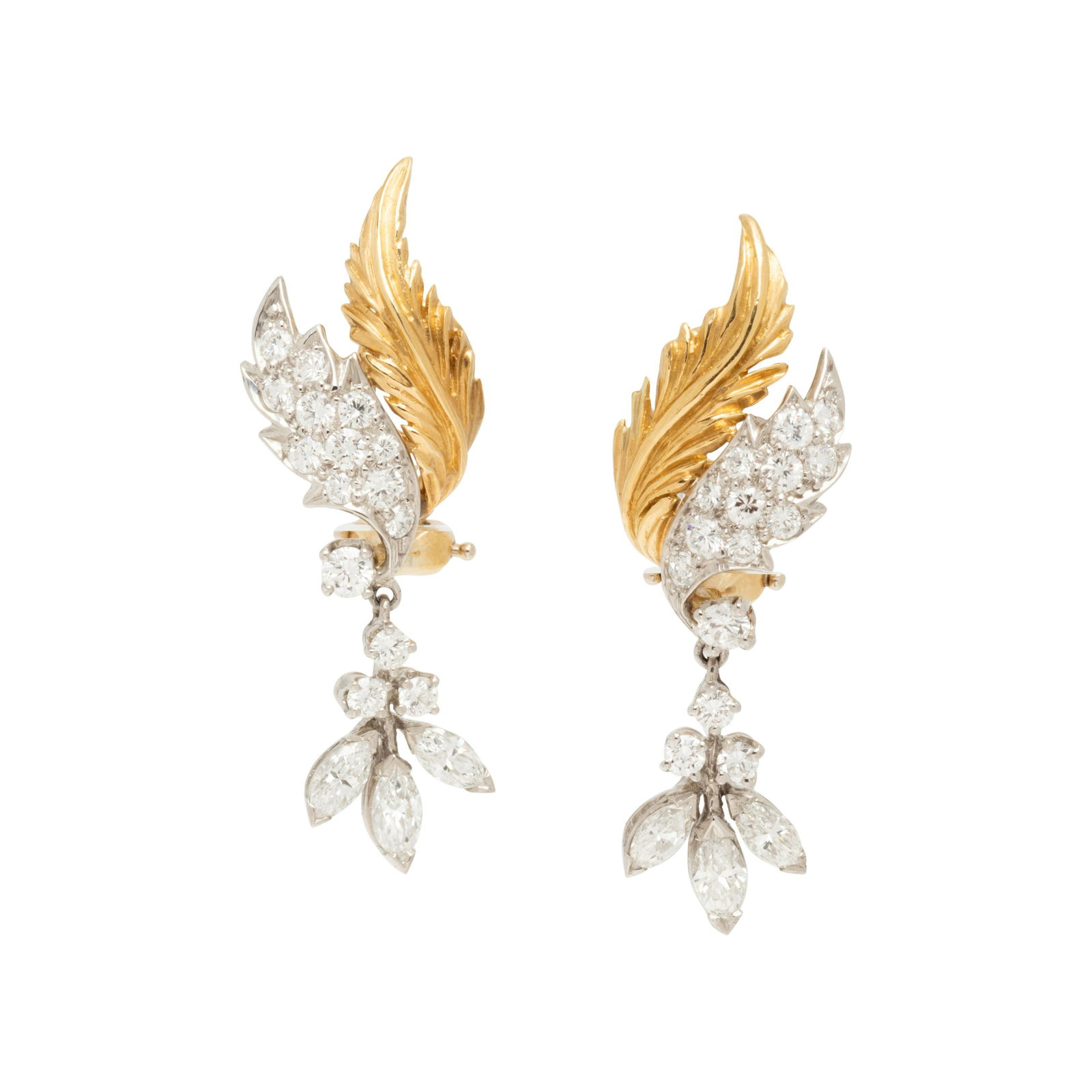 MCTEIGUE, PLATINUM, YELLOW GOLD AND DIAMOND EARCLIPS: MCTEIGUE, PLATINUM, YELLOW GOLD AND DIAMOND EARCLIPS Containing 30 round brilliant and six marquise cut diamonds weighing approximately 2.00 carats total. 1 1/4 inches long. Stamp: PLAT 18KT (maker's