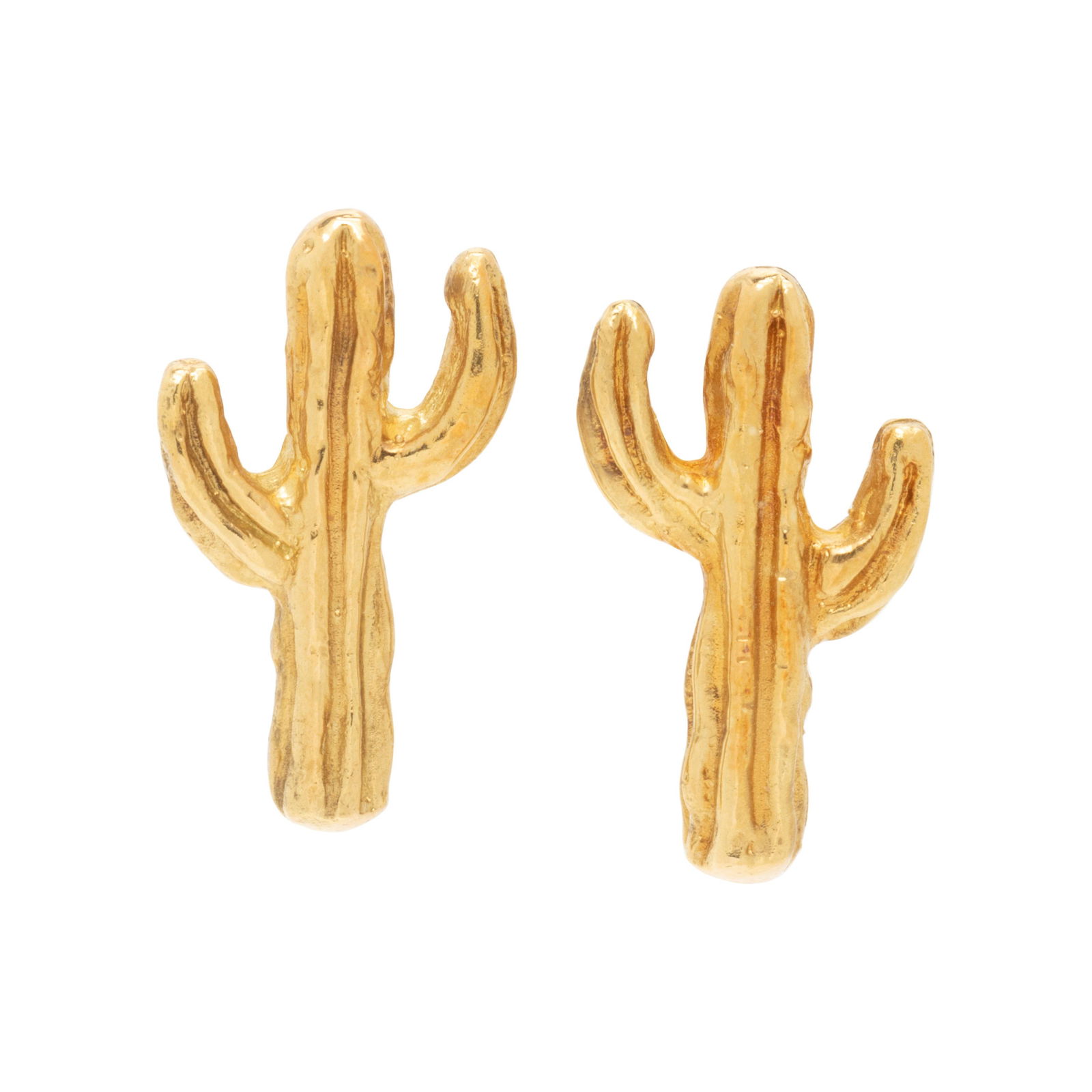 JULIUS COHEN, YELLOW GOLD CACTUS EARRINGS: JULIUS COHEN, YELLOW GOLD CACTUS EARRINGS In a textured design. 3/4 inch long. Stamp: Julius Cohen 18K. Gross weight: 4.35 dwt. Accompanied by a Julius Cohen box. Property from the Estate of Geraldine