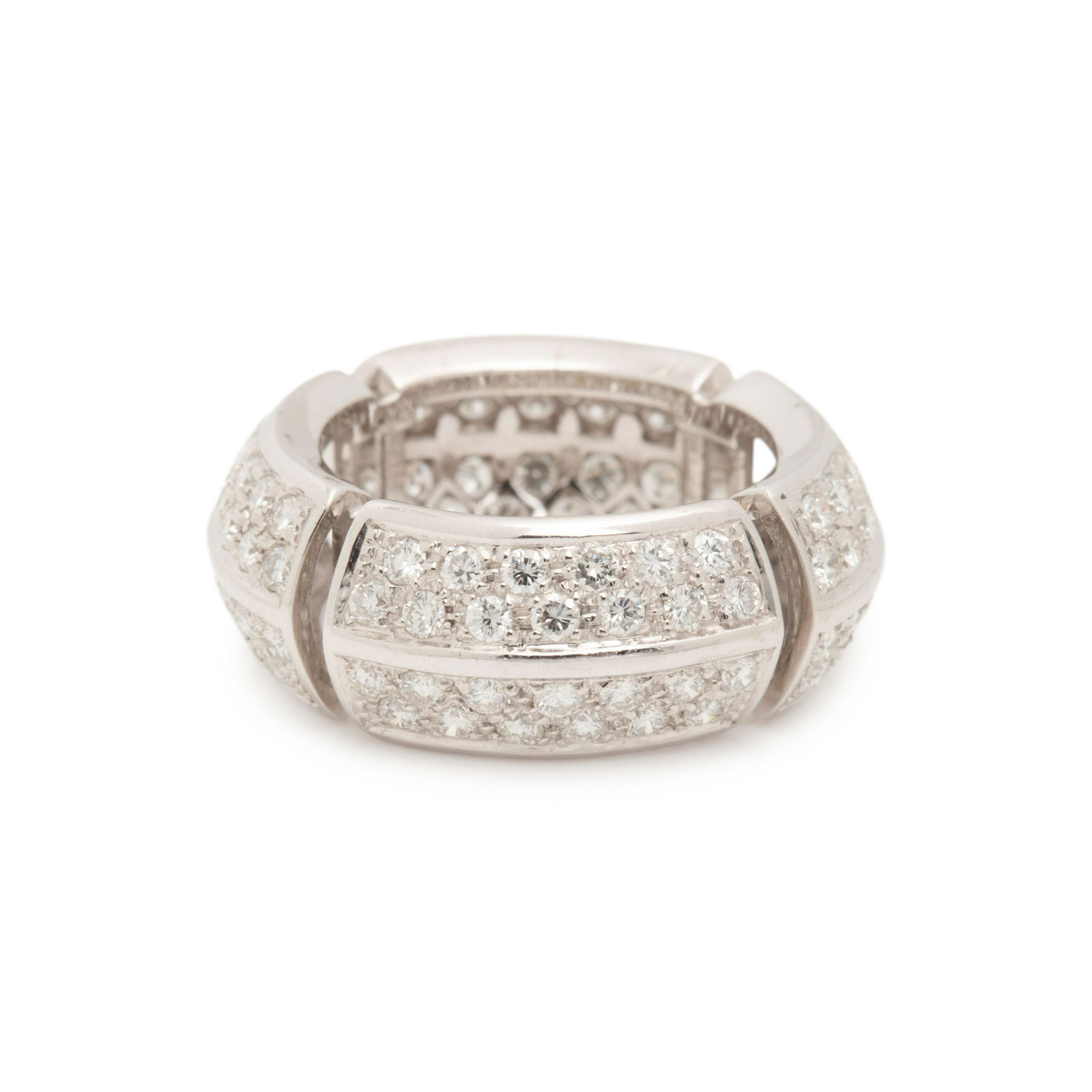 WHITE GOLD AND DIAMOND RING: WHITE GOLD AND DIAMOND RING Containing 104 round brilliant cut diamonds weighing approximately 1.30 carats total. Ring size 6. Stamp: ANTONINI 750 (Italian hallmark). Gross weight: 5.95 dwt. Property