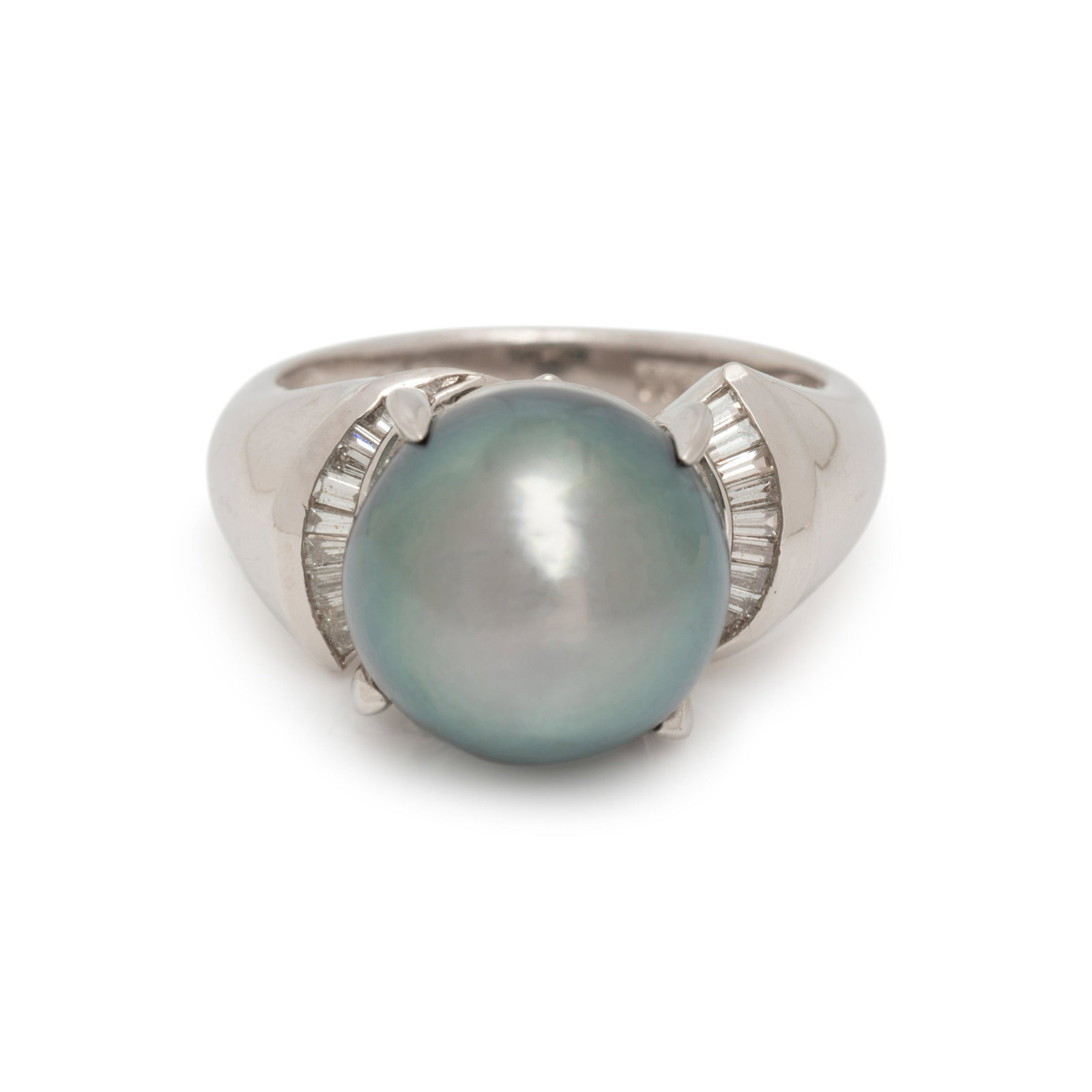 CULTURED TAHITIAN PEARL AND DIAMOND RING: CULTURED TAHITIAN PEARL AND DIAMOND RING Containing one Tahitian pearl measuring approximately 11.15 mm in diameter and 18 tapered baguette cut diamonds weighing approximately 0.24 carat total. Mounte