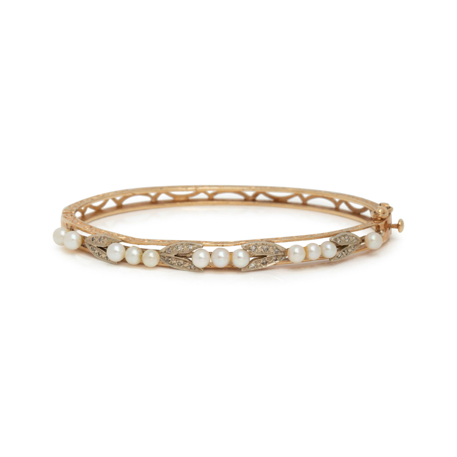 BICOLOR GOLD, CULTURED PEARL AND DIAMOND BANGLE BRACELET (1 of 2)