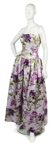 A Norman Norell Lilac Floral Silk Evening Gown,: A Norman Norell Lilac Floral Silk Evening Gown, 1960s, strapless with a fitted bodice, full skirt. Labeled: Norman Norell.