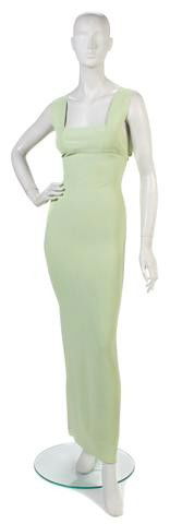 An Herve Leger Green Bondage Gown, Size L.: An Herve Leger Green Bondage Gown, with straps crossing at back. Labeled: Herve Leger. Size L.
