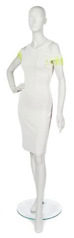 A Thierry Mugler White Silk Knit Dress, Size M.: A Thierry Mugler White Silk Knit Dress, early 1990s, with cut-outs at shoulder with neon green plastic fringe. Labeled: Thierry Mugler. Size M.