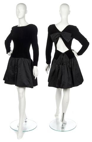 A Givenchy Black Velvet Dress,: A Givenchy Black Velvet Dress, 1980s, with full satin skirt, open back. Labeled: Givenchy.