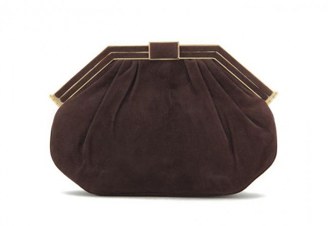 A Judith Leiber Brown Suede Evening Bag, 9 x 6 inc: A Judith Leiber Brown Suede Evening Bag, goldtone clasp, hidden chainlink should strap. Stamped: Judith Leiber. 9 x 6 inches.