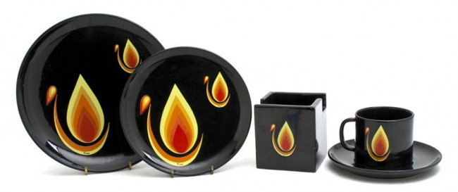 An Emilio Pucci Dinnerware Service for Eight,: An Emilio Pucci Dinnerware Service for Eight, having black reserve with flame-like decoration in yellow and orange. 32 pieces total. Property from the Collection of Irma Ecksel, Nashville, Tennessee