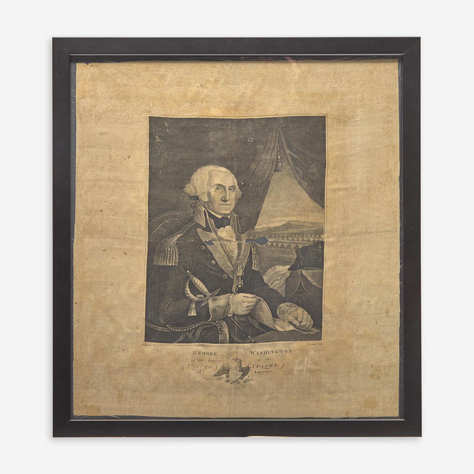A rare stipple-engraved portrait of George Washington (1732-1799) on silk Engraved by John Galland: A rare stipple-engraved portrait of George Washington (1732-1799) on silk Engraved by John Galland (active 1796-1817) after Francis Bartoli (Italian, 1765-1796) and Gilbert Stuart (1755-1828), circa 1