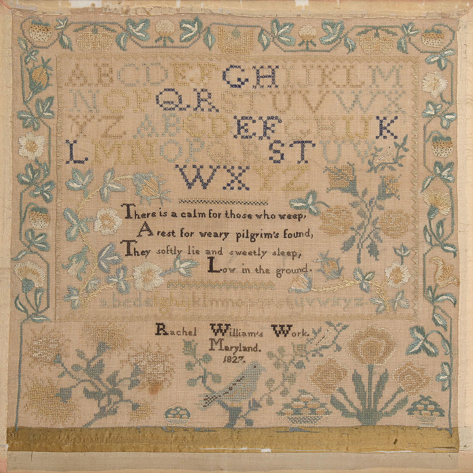 A needlework sampler Rachel Williams, Maryland, dated "1827" (1 of 2)
