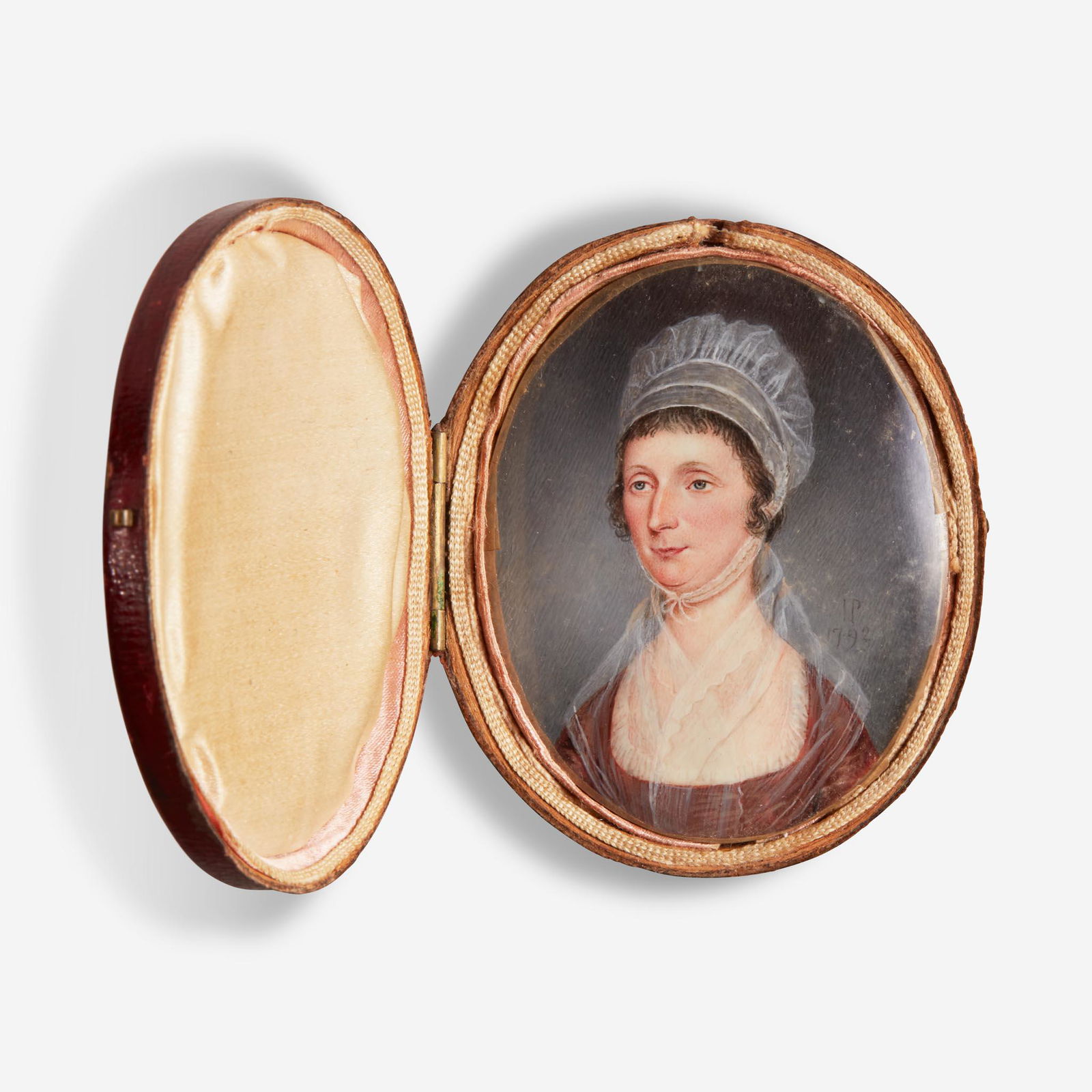 James Peale (1749-1831) Portrait Miniature of a Lady, dated "1792": James Peale (1749-1831) Portrait Miniature of a Lady, dated "1792" Initialed and dated, "IP 1792," l.r., watercolor, red leather case. (2 1/2 in. x 2 in. (sight))Qty: (1) Provenance <