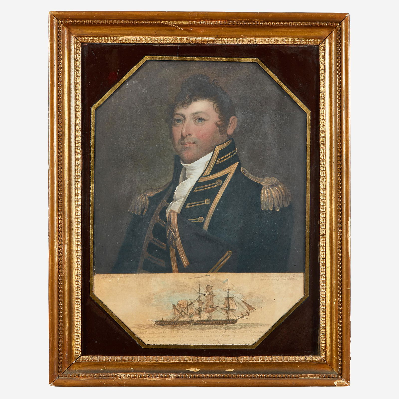 A painted mezzotint portrait of Captain Isaac Hull (1773-1843) Engraved by Thomas W. Freeman and: A painted mezzotint portrait of Captain Isaac Hull (1773-1843) Engraved by Thomas W. Freeman and George W. Pierie after Gilbert Stuart (1755-1828), Philadelphia, PA, circa 1813 The mezzotint portrait