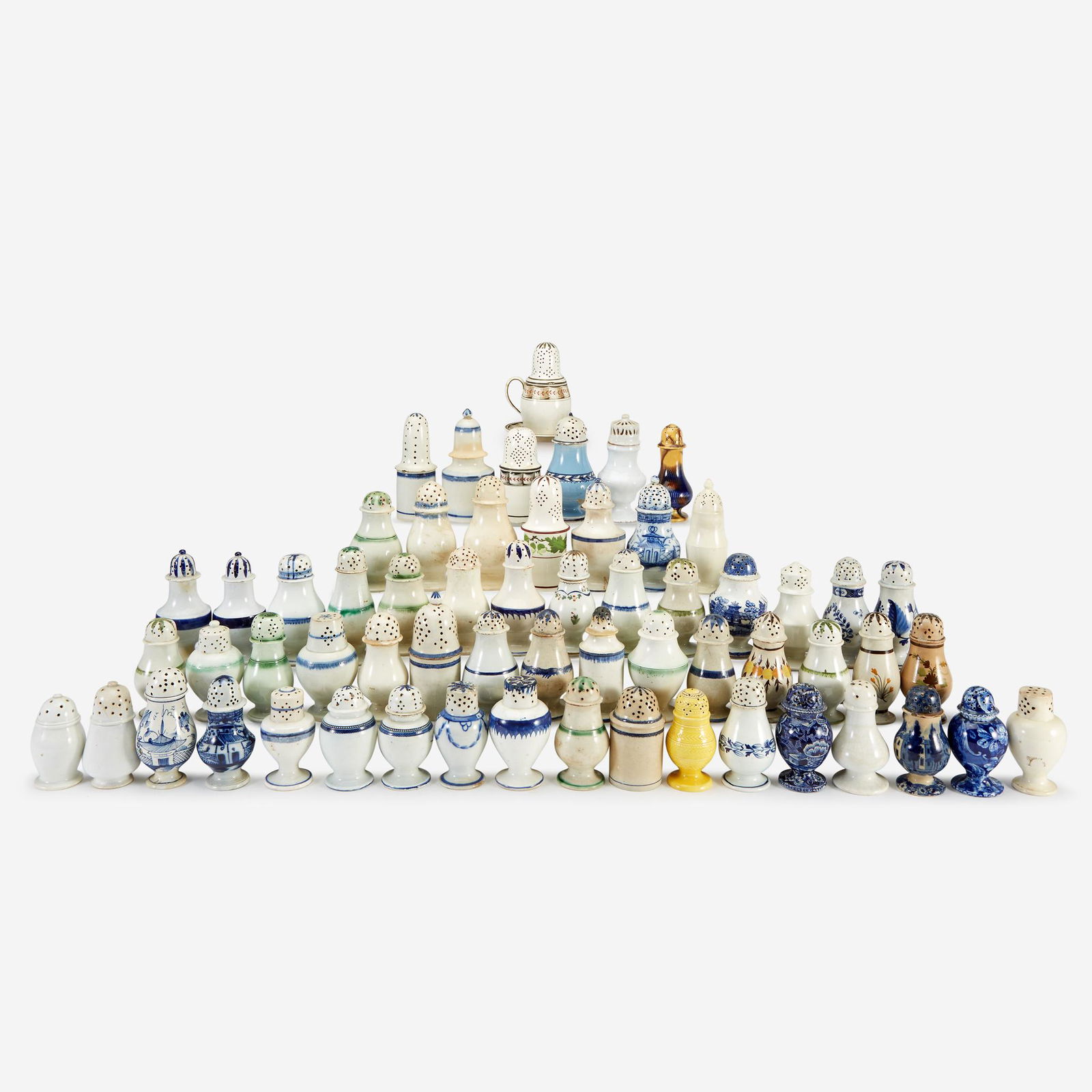 A large collection of enamel, feather edge, and transfer-decorated pearlware pepper pots late 18th / (1 of 1)
