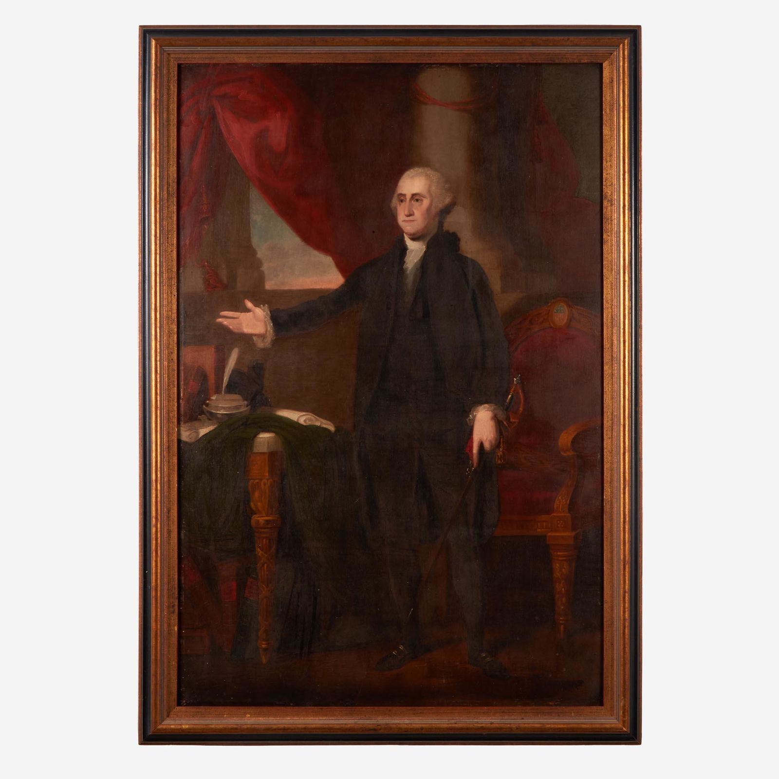 After Gilbert Stuart (1755-1828), American School 19th century The Lansdowne Portrait of George: After Gilbert Stuart (1755-1828), American School 19th century The Lansdowne Portrait of George Washington (1732-1799) Oil on panel, framed. (35 1/2 in. x 23 1/4 in.) Provenance Property