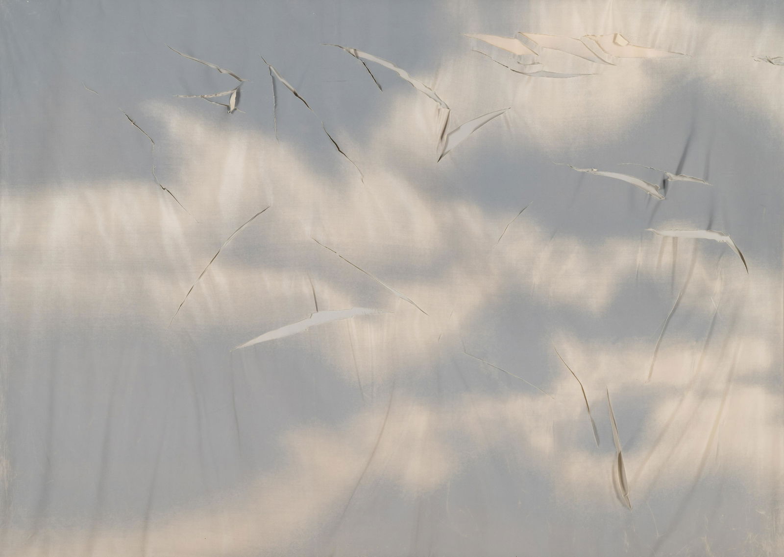 Joe Goode (American, b. 1937) Untitled (from Wash and Tear Series), 1975: Joe Goode (American, b. 1937) Untitled (from Wash and Tear Series), 1975 color screenprint on silk, double-layered and torn from the edition of 25 unique examples 37 x 51 1/2 inches. Literature: Gemin