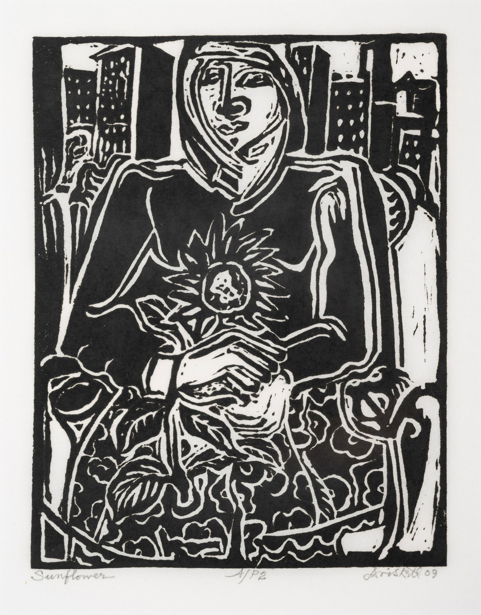 David Driskell (American, 1931-2020) Sunflower, 2009: David Driskell (American, 1931-2020) Sunflower, 2009 linocut on paper signed, dated, titled, and numbered AP 2 in pencil 7 1/2 x 6 inches. Property from THE WAREHOUSE, Atlanta, Georgia