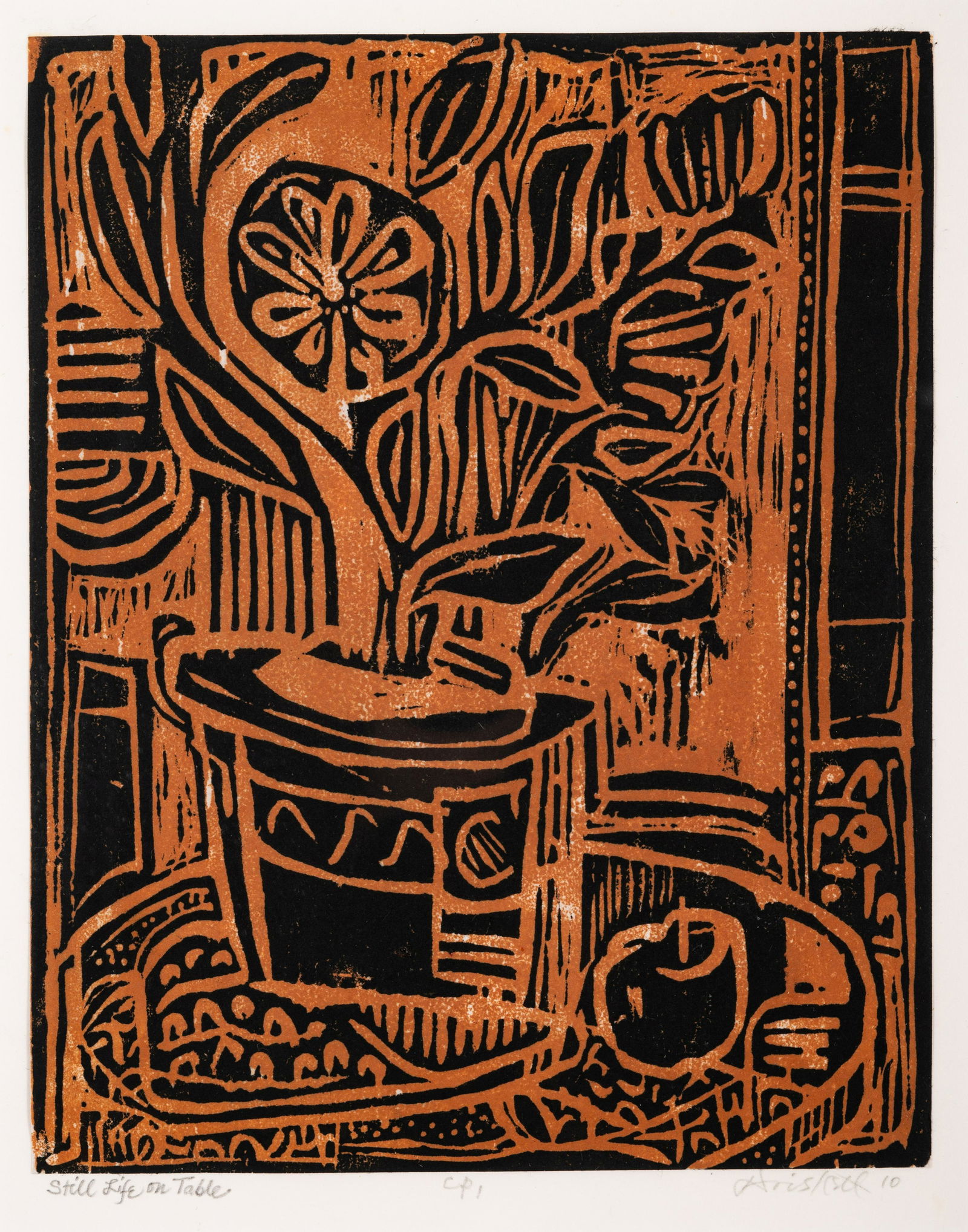 David Driskell (American, 1931-2020) Still Life on Table, 2010: David Driskell (American, 1931-2020) Still Life on Table, 2010 linocut on paper signed, dated, titled, and inscribed CP 1 in pencil 11 x 8 3/4" Property from THE WAREHOUSE, Atlanta, Georgia