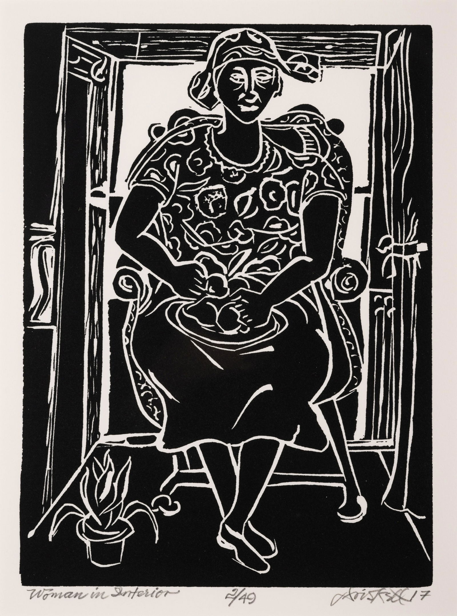 David Driskell (American, 1931-2020) Woman in Interior, 2017: David Driskell (American, 1931-2020) Woman in Interior, 2017 linocut on paper signed, dated, titled, and numbered 2/29 in pencil 8 1/2 x 6 inches. Property from THE WAREHOUSE, Atlanta, Georgia