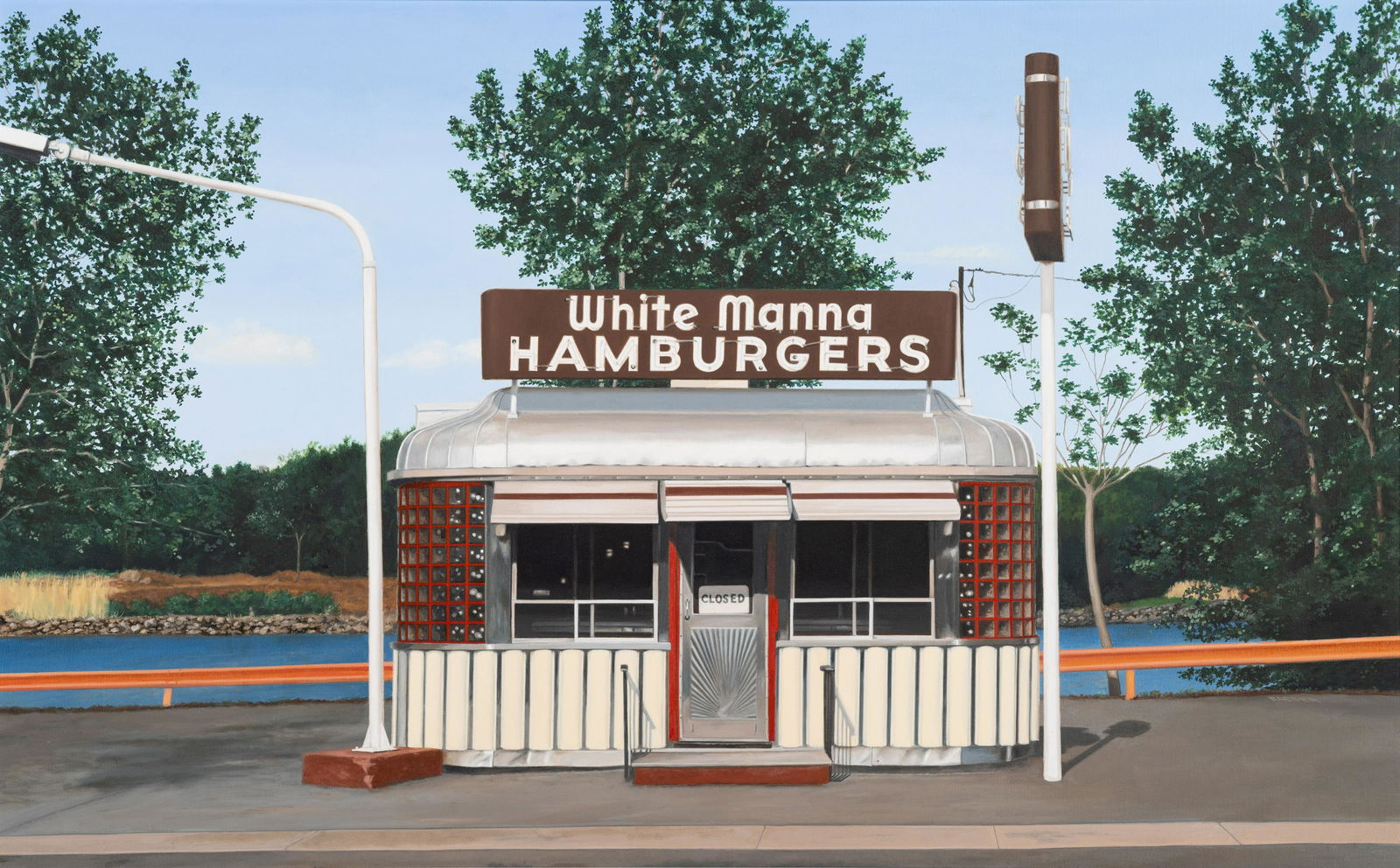 John Baeder (American, b. 1938) White Manna Hamburgers, 1974: John Baeder (American, b. 1938) White Manna Hamburgers, 1974 oil on canvas signed John Baeder, titled and dated (verso) 30 x 48 inches. Property from a Private Midwest Collector Provenance: Morgan Gal