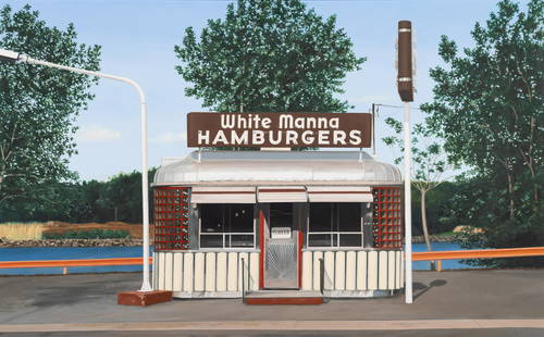 John Baeder (American, b. 1938) White Manna Hamburgers, 1974: John Baeder (American, b. 1938) White Manna Hamburgers, 1974 oil on canvas signed John Baeder, titled and dated (verso) 30 x 48 inches. Property from a Private Midwest Collector Provenance: Morgan