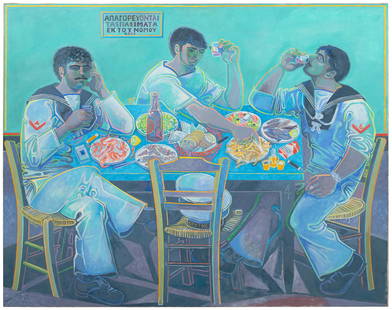 John Craxton (British, 1922-2009) Still Life with Three Sailors, 1982-1987: John Craxton (British, 1922-2009) Still Life with Three Sailors, 1982-1987 tempera on canvas signed in Greek and dated 50 x 63 inches. Property from the Carmen S. Holeman Trust, Indianapolis,