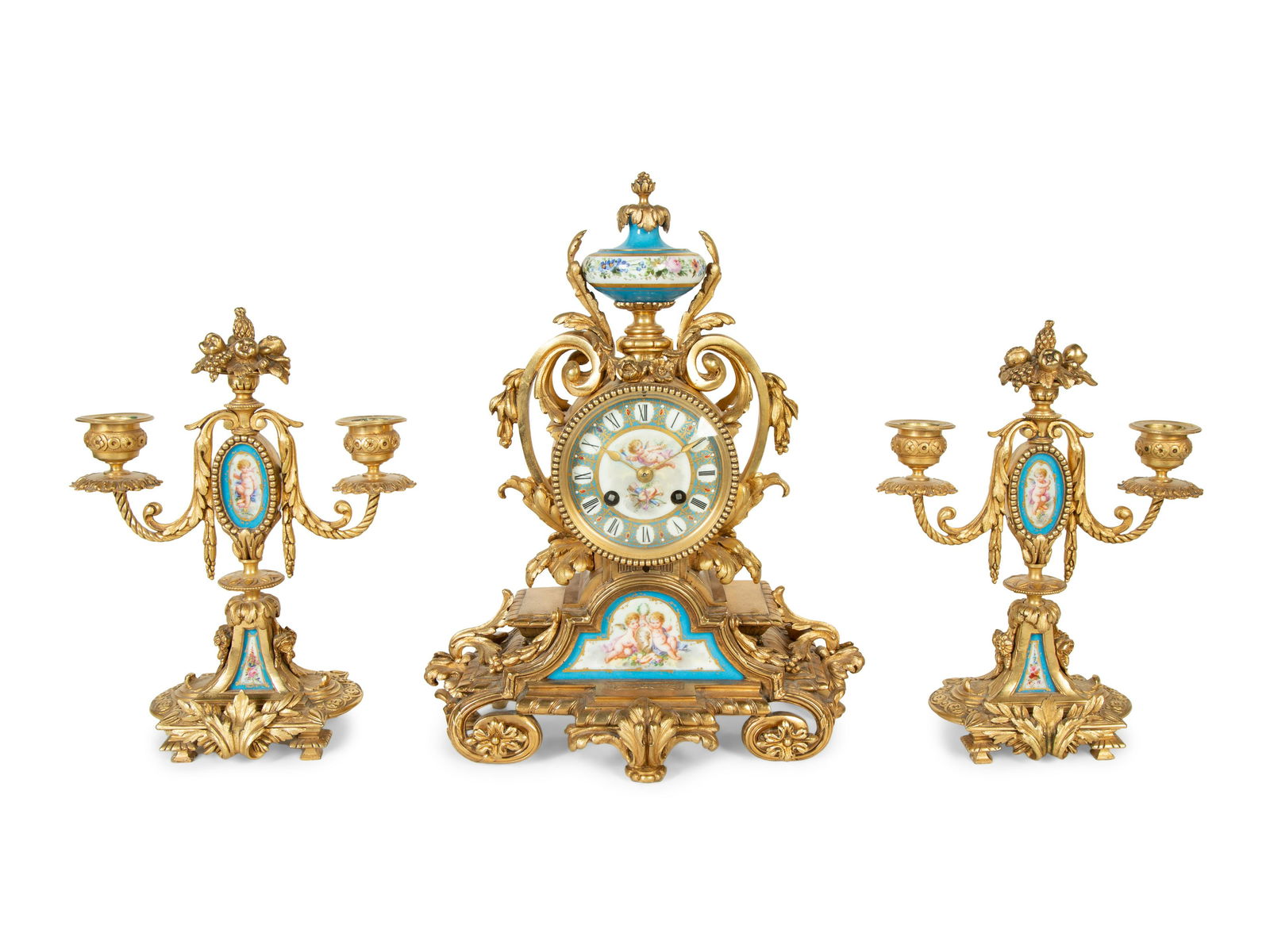 A French Gilt Bronze and Sevres Porcelain Clock Garniture (1 of 9)