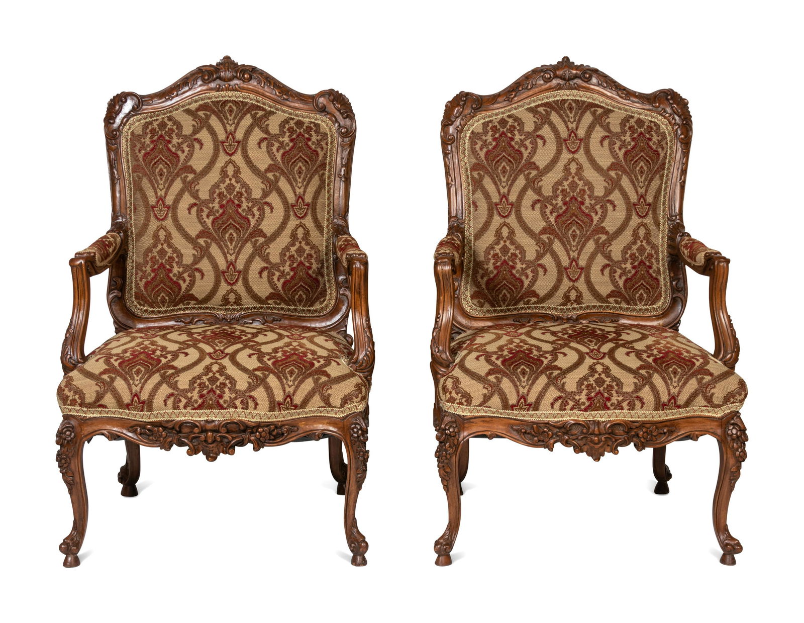 A Pair of Rococo Style Carved Walnut Armchairs Height 44 x width 27 1/2 x depth 28 1/2 inches. (1 of 4)