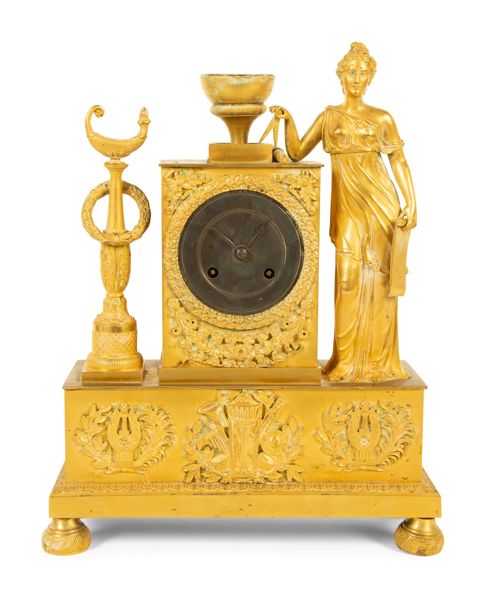 An Empire Gilt Bronze Mantel Clock Height 12 x width 9 3/4 x depth 4 inches.: An Empire Gilt Bronze Mantel Clock Early 19th Century Height 12 x width 9 3/4 x depth 4 inches.