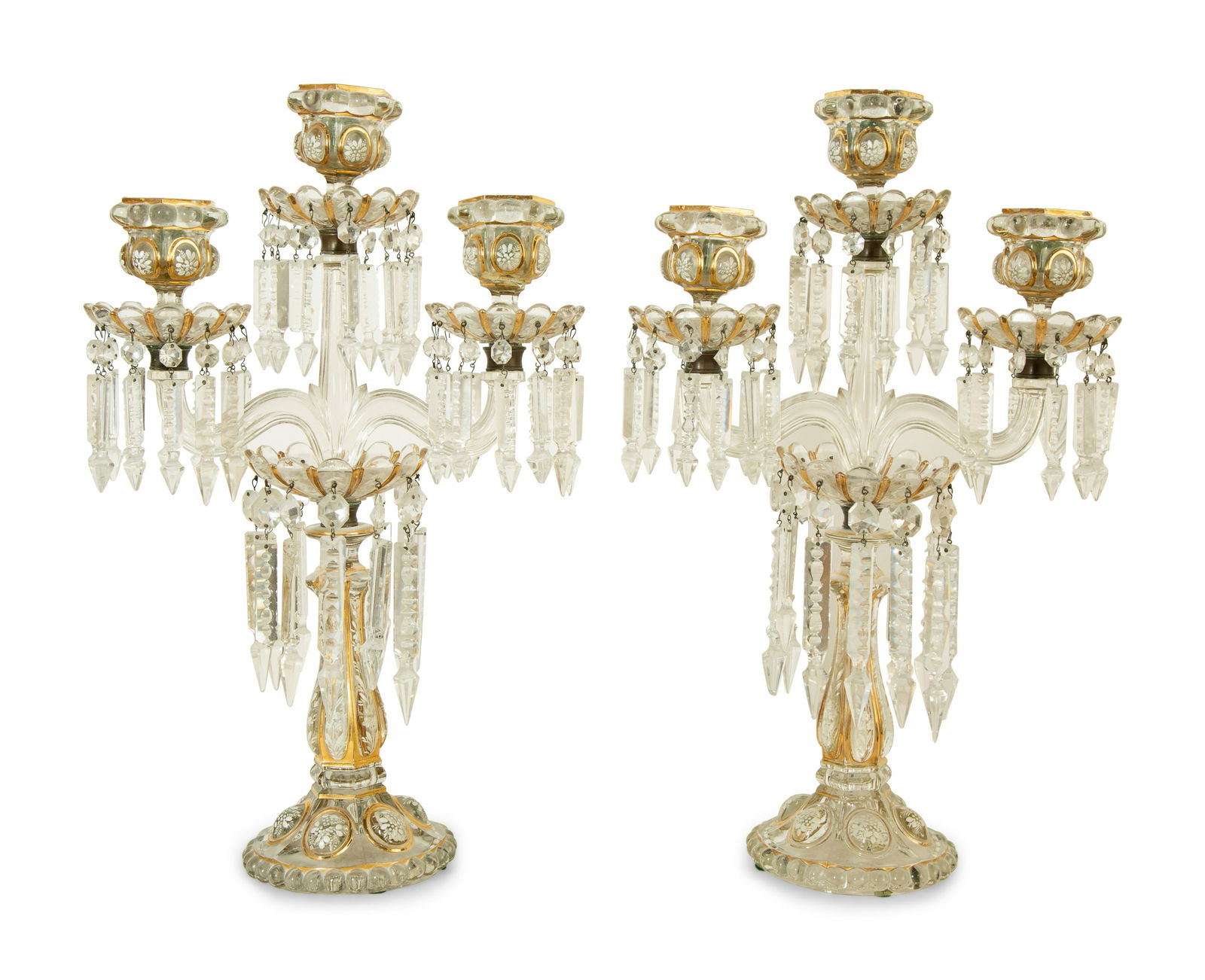 A Pair of Baccarat Enameled Molded Glass Candelabra Height 20 3/4 x width 13 inches. (1 of 4)