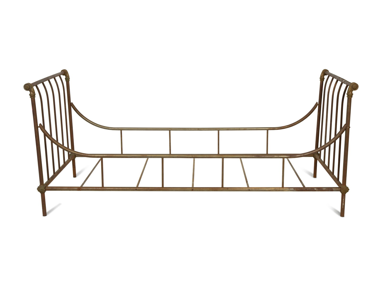 A Steel and Brass Daybed in the Style of Maison Jansen Height 36 x width 38 x length 82 1/2 inches. (1 of 3)
