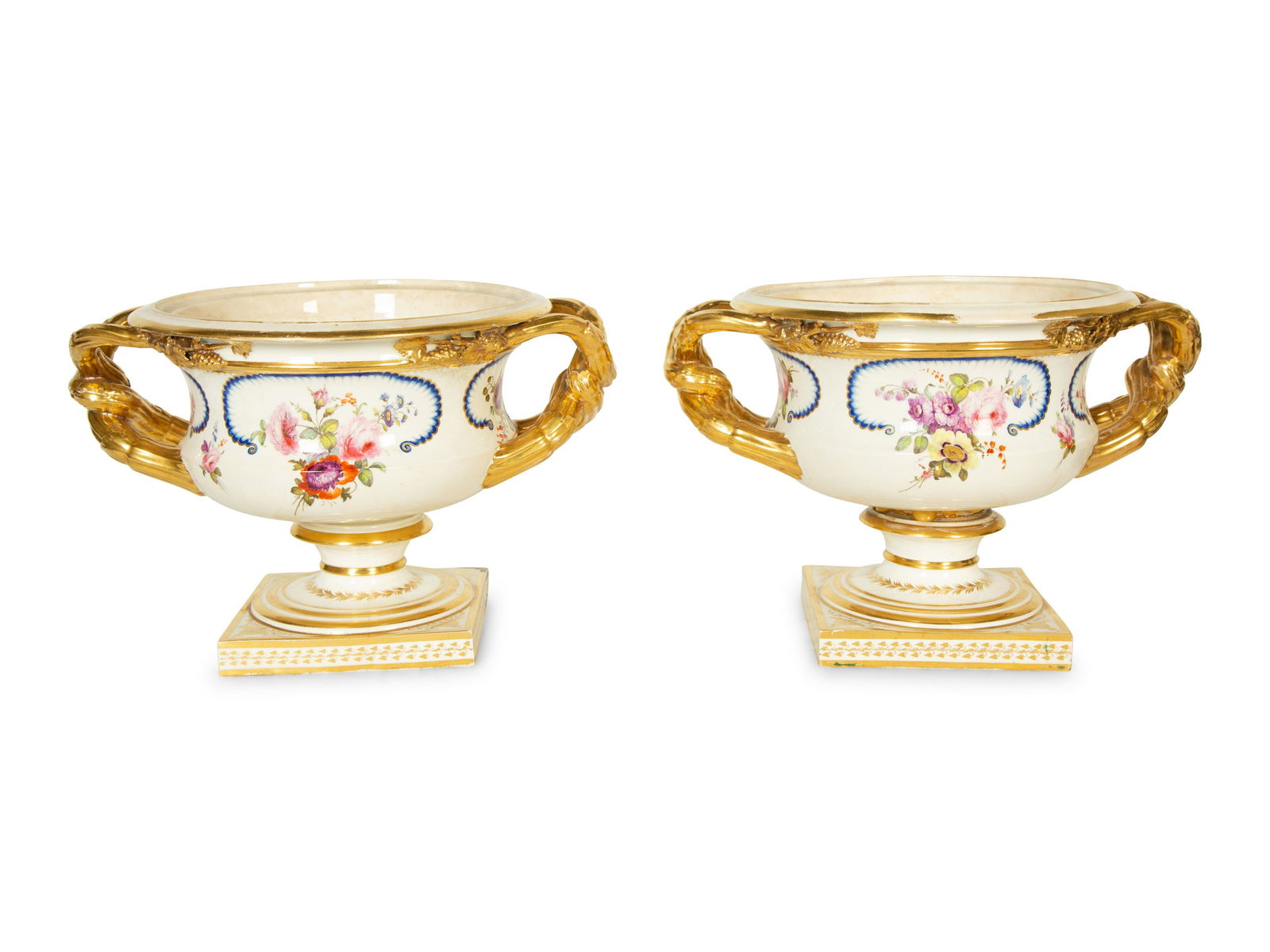 A Pair of Derby Porcelain Two-Handled Urns Height 9 x length 13 x depth 10 inches. (1 of 3)