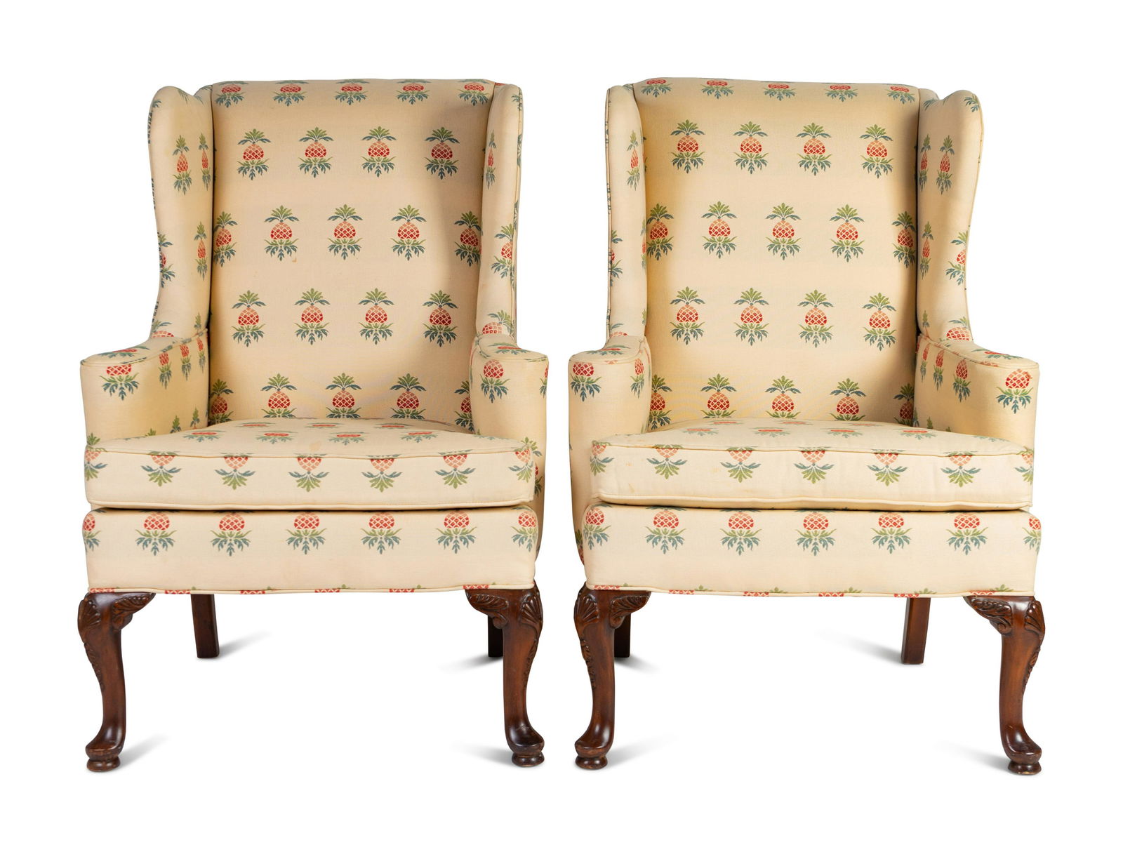A Pair of George II Style Mahogany Wingback Chairs Height 42 1/2 x width 30 x depth 32 inches. (1 of 3)