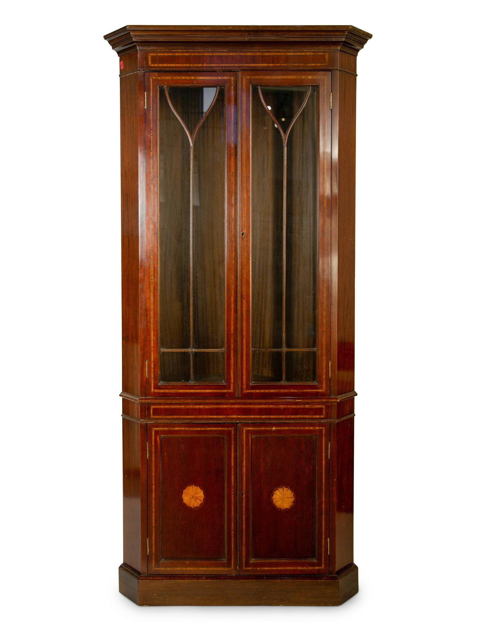 A George III Style Mahogany and Satinwood Corner Cabinet Height 88 1/2 x width 38 x depth 23 inches. (1 of 4)