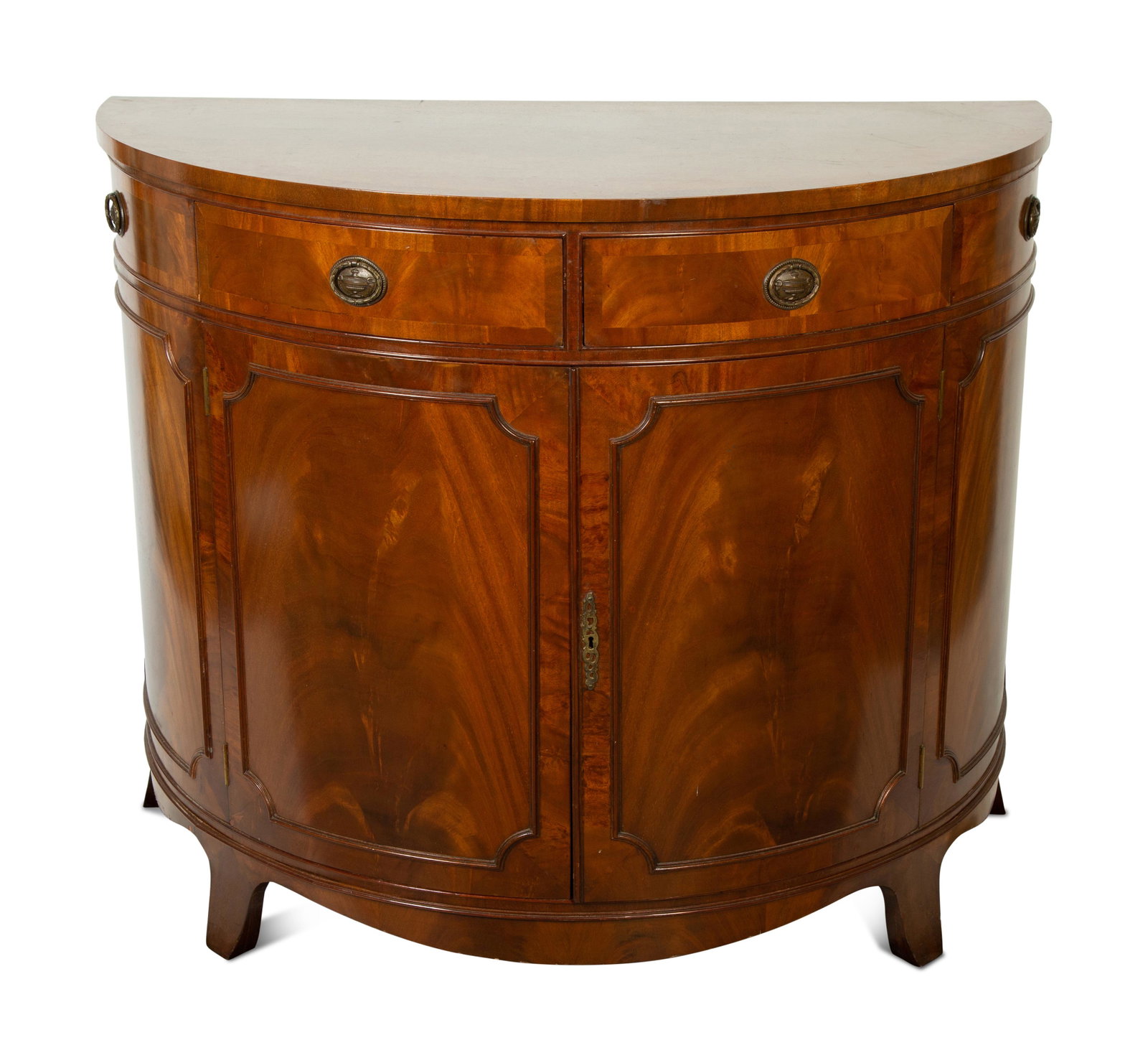 A George III Style Mahogany Demilune Cabinet Height 36 x width 43 1/4 x depth 23 1/4 inches.: A George III Style Mahogany Demilune Cabinet 20th Century Height 36 x width 43 1/4 x depth 23 1/4 inches. Property from the Estate of Celestia B. Smithgall, Atlanta and Gainesville, Georgia