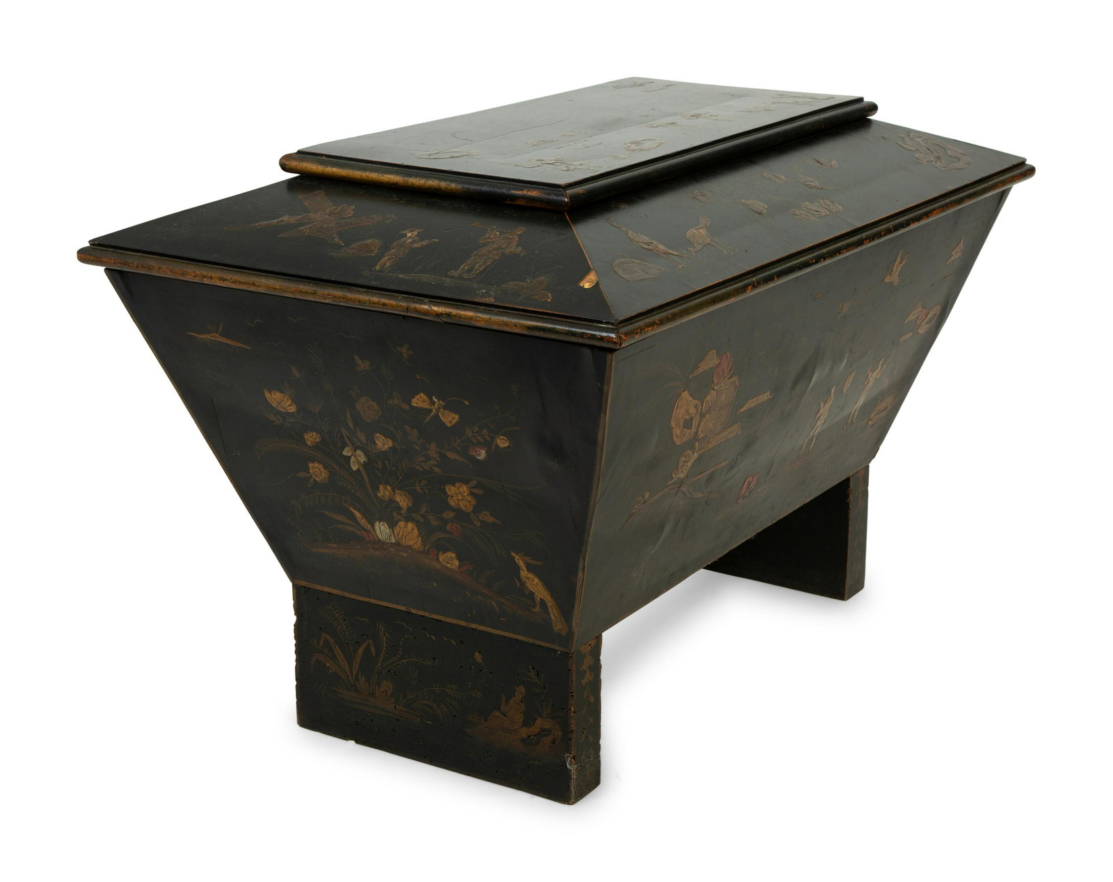 An English Chinoiserie Decorated Cellarette Height 24 x width 38 x depth 24 1/2 inches.: An English Chinoiserie Decorated Cellarette 19th Century Height 24 x width 38 x depth 24 1/2 inches.
