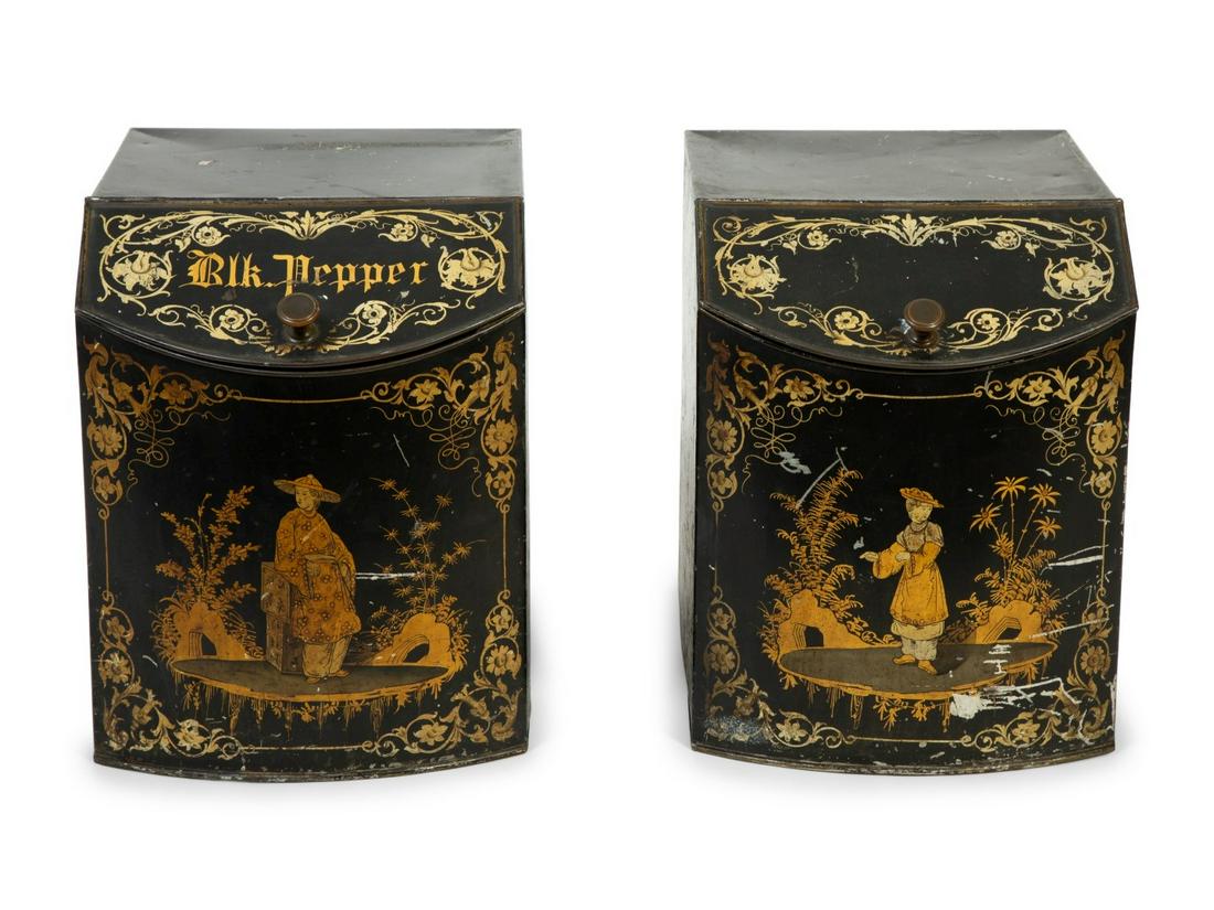 A Pair of English Black and Gilt Chinoiserie Decorated Tole Tea Canisters Height 16 1/2 x width 13 x (1 of 4)