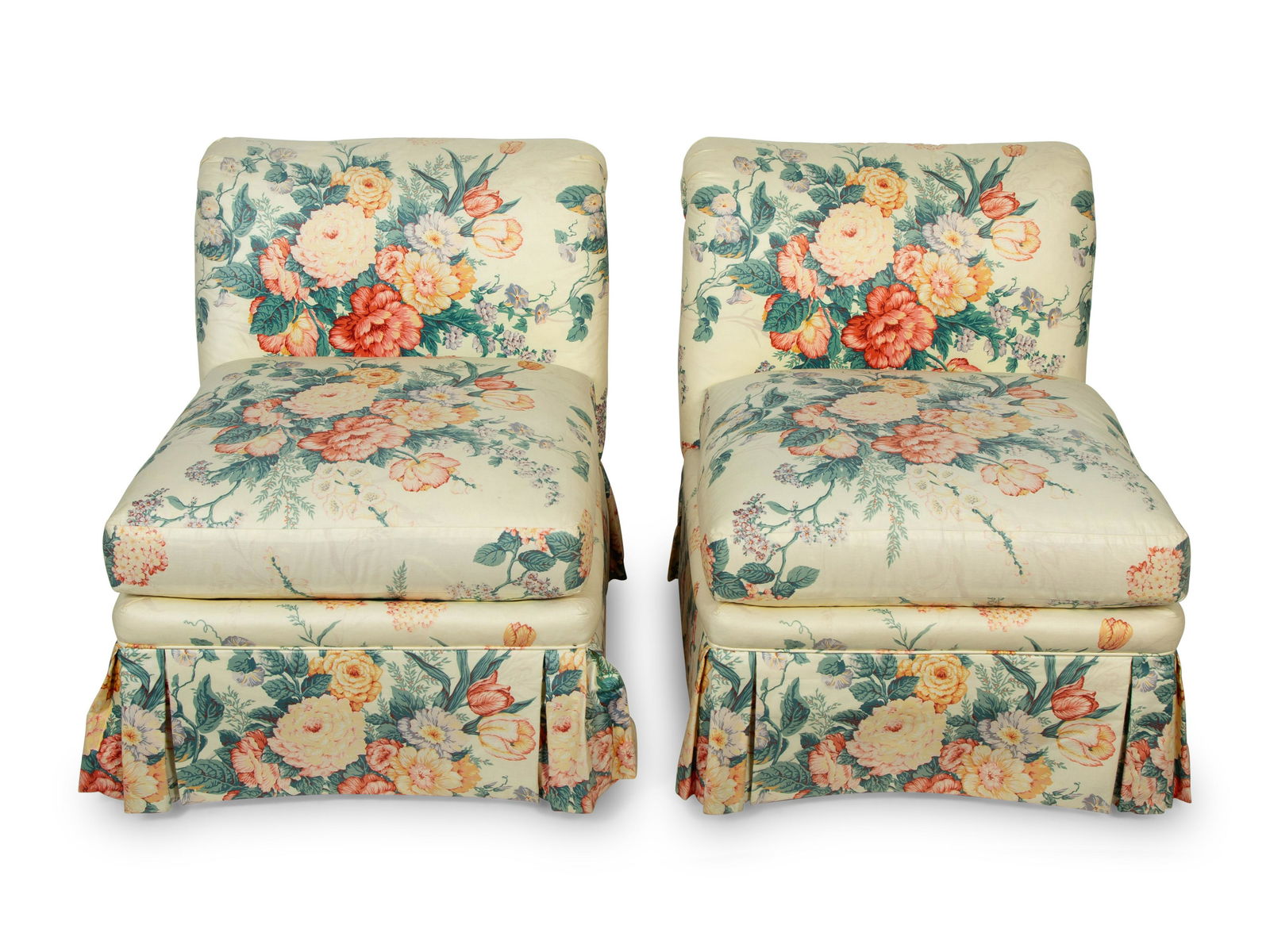 A Pair of Chintz-Upholstered Slipper Chairs Supplied by Mario Buatta Height of each 31 1/2 x width (1 of 4)